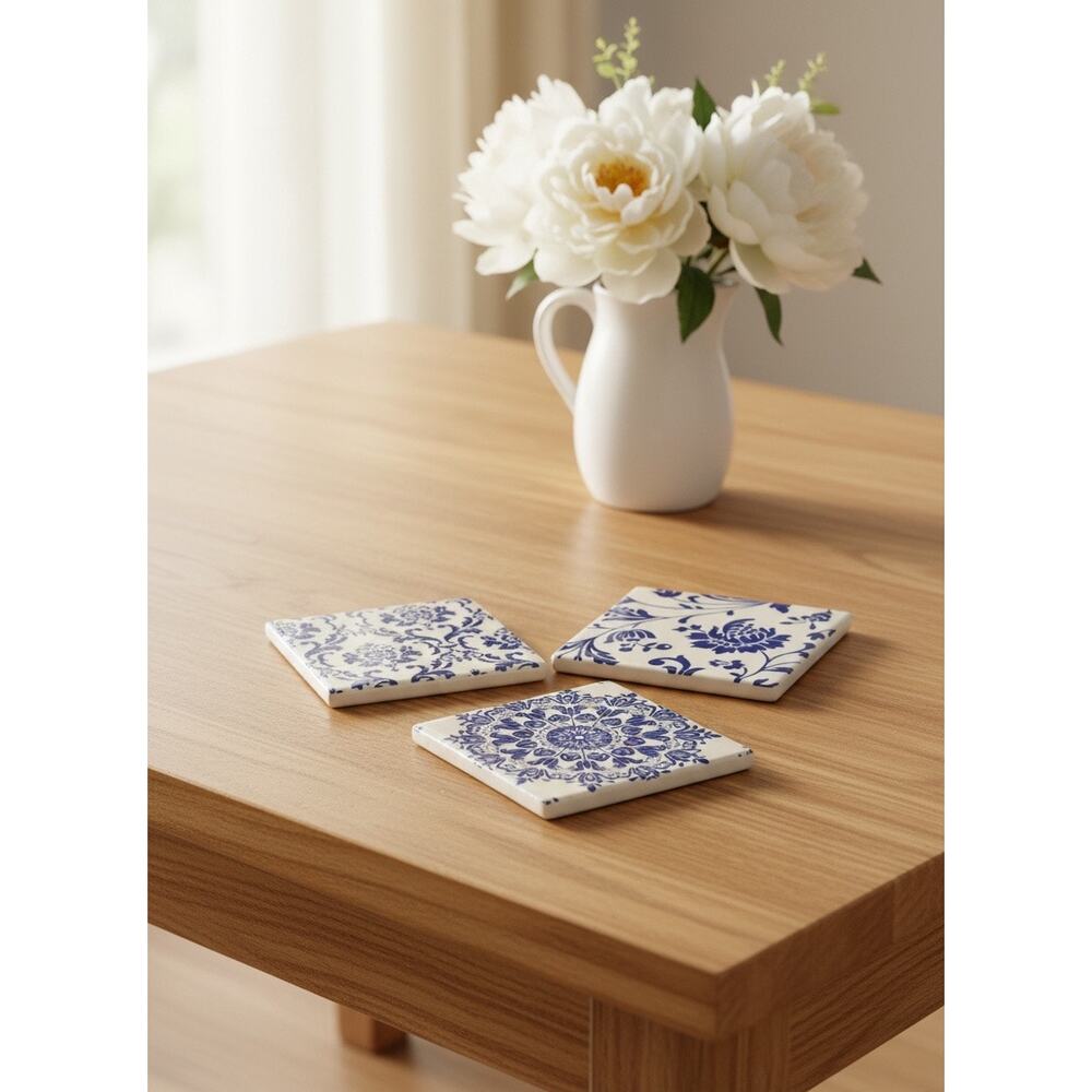 Blue & White Damask Ceramic Tile Coasters Set of 3 | Chinoiserie Home Decor Gift
